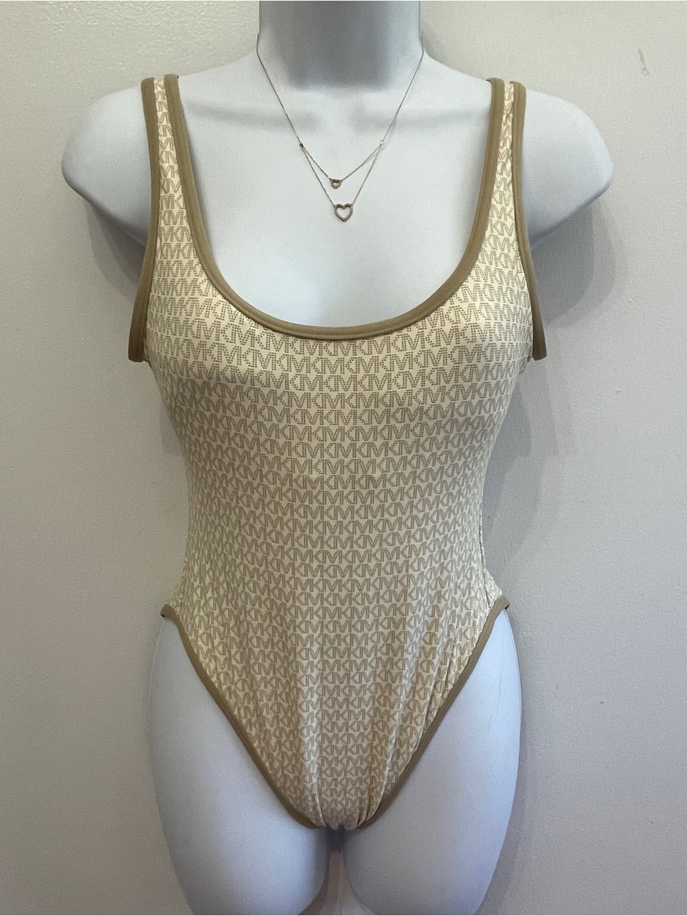 Michael Kors Beige & Tan MK Logo Signature One-Piece Swimsuit